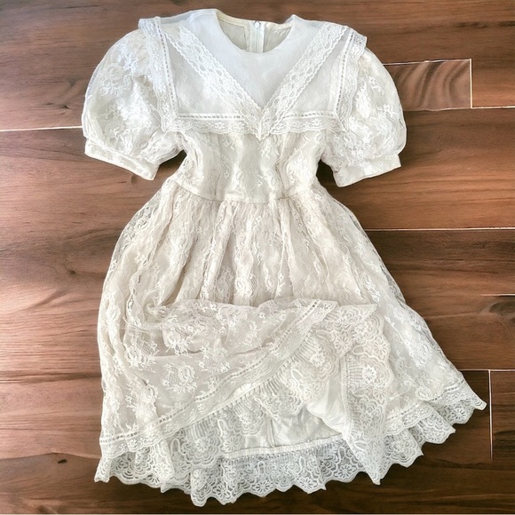 VINTAGE Gunne Sax Jessica McClintock Girls Lace Dress Size 7 Back Zip Lined